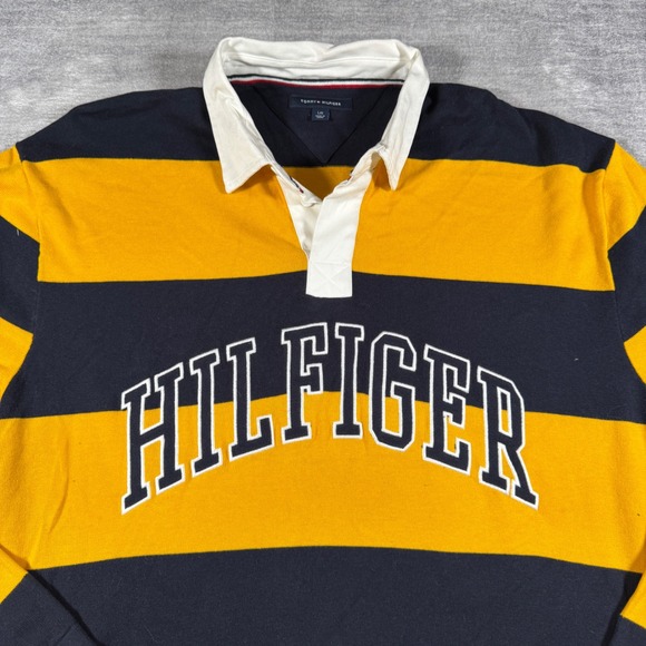 Tommy Hilfiger Shirt Mens Large Yellow Striped Long Sleeve Rugby Polo Spell Out - Picture 2 of 12